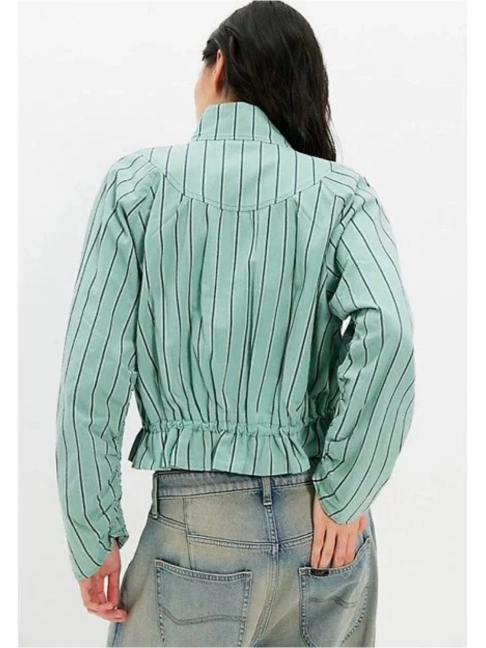 Striped Mint Green Zip-Front Women's Jacket